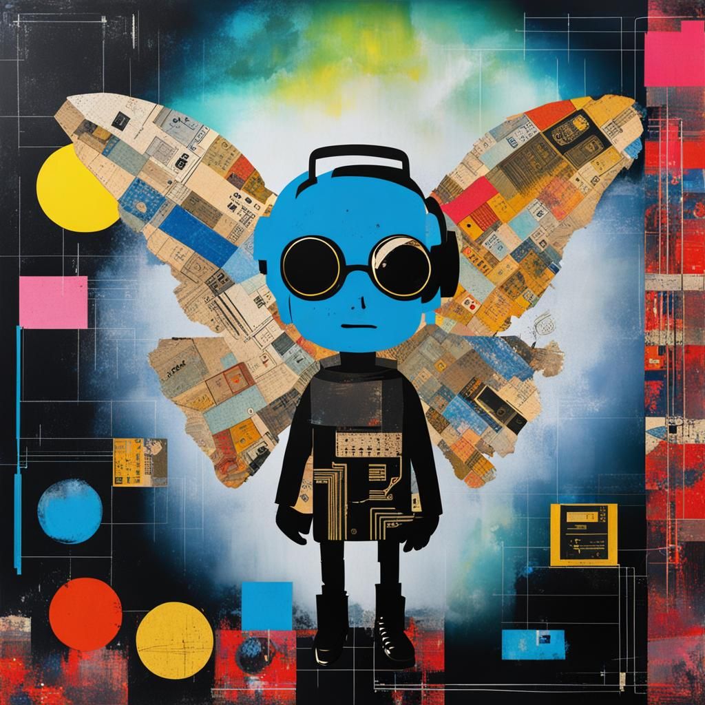 a mixed media patchwork  portrait of  Angel   computer progr...