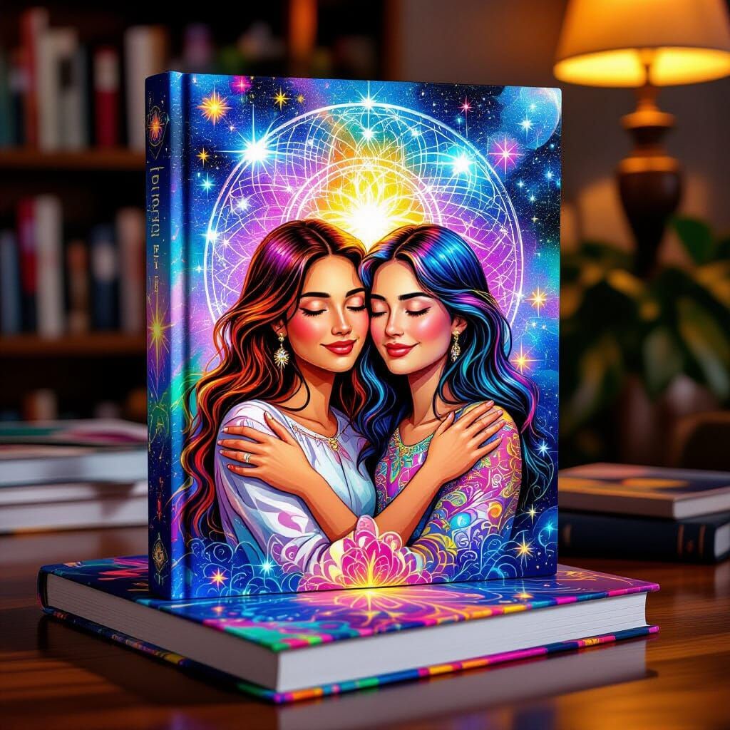 Book Cover Featuring Embracing Friends in Astral Illustratio...