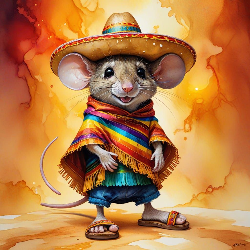 cartoon mouse wearing a sombrero, serape and sandals, alcohol inks  by @clikpic
