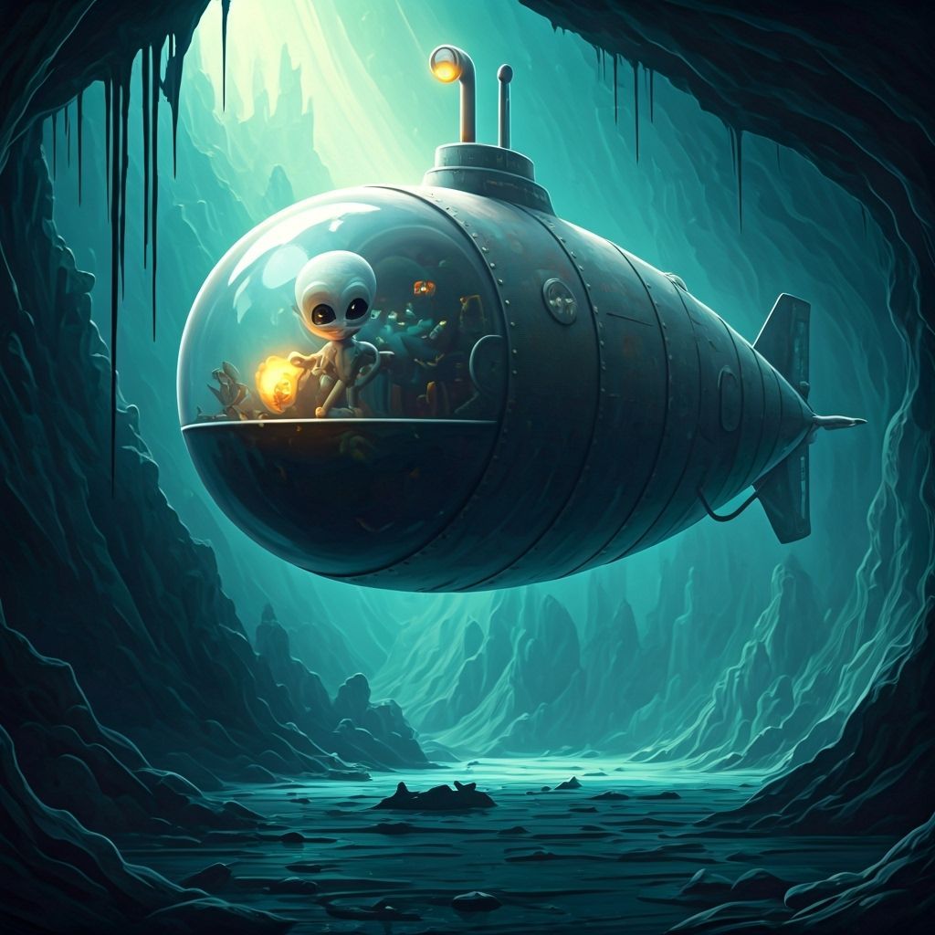 Cute alien in an oversized cartoon submarine finding the titanic wreck.