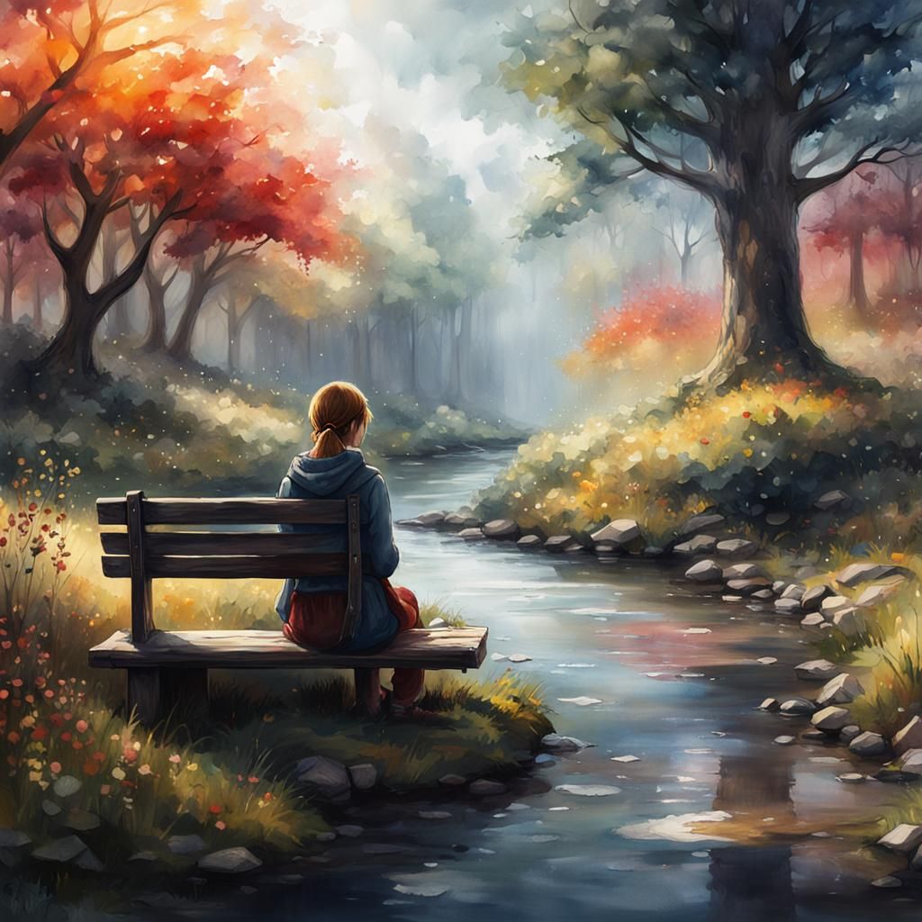 A girl sitting alone by herself waiting for someone to come ...