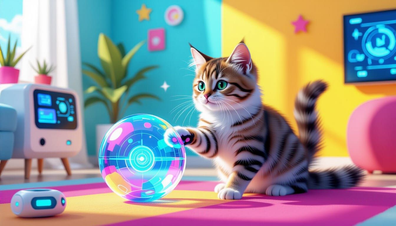 Picture a Gen Alpha cat playing with a futuristic, holographic toy in a brightly colored room. The ...  by @Matthew Convento