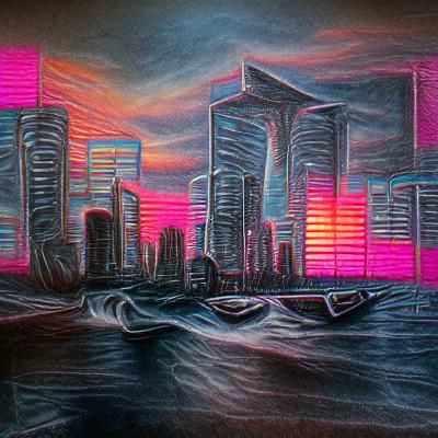 City skyline across the water at sunset