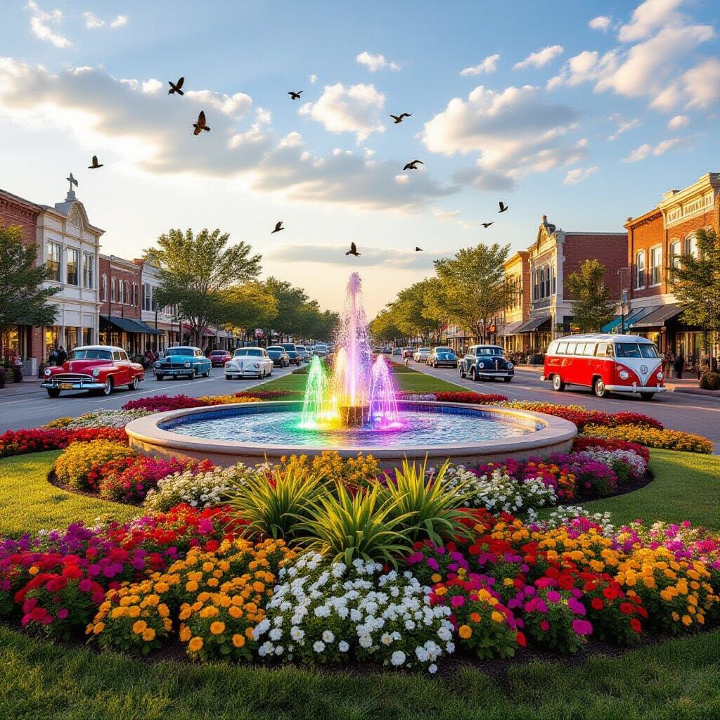Vibrant City Square with Fountain and Antique Cars
