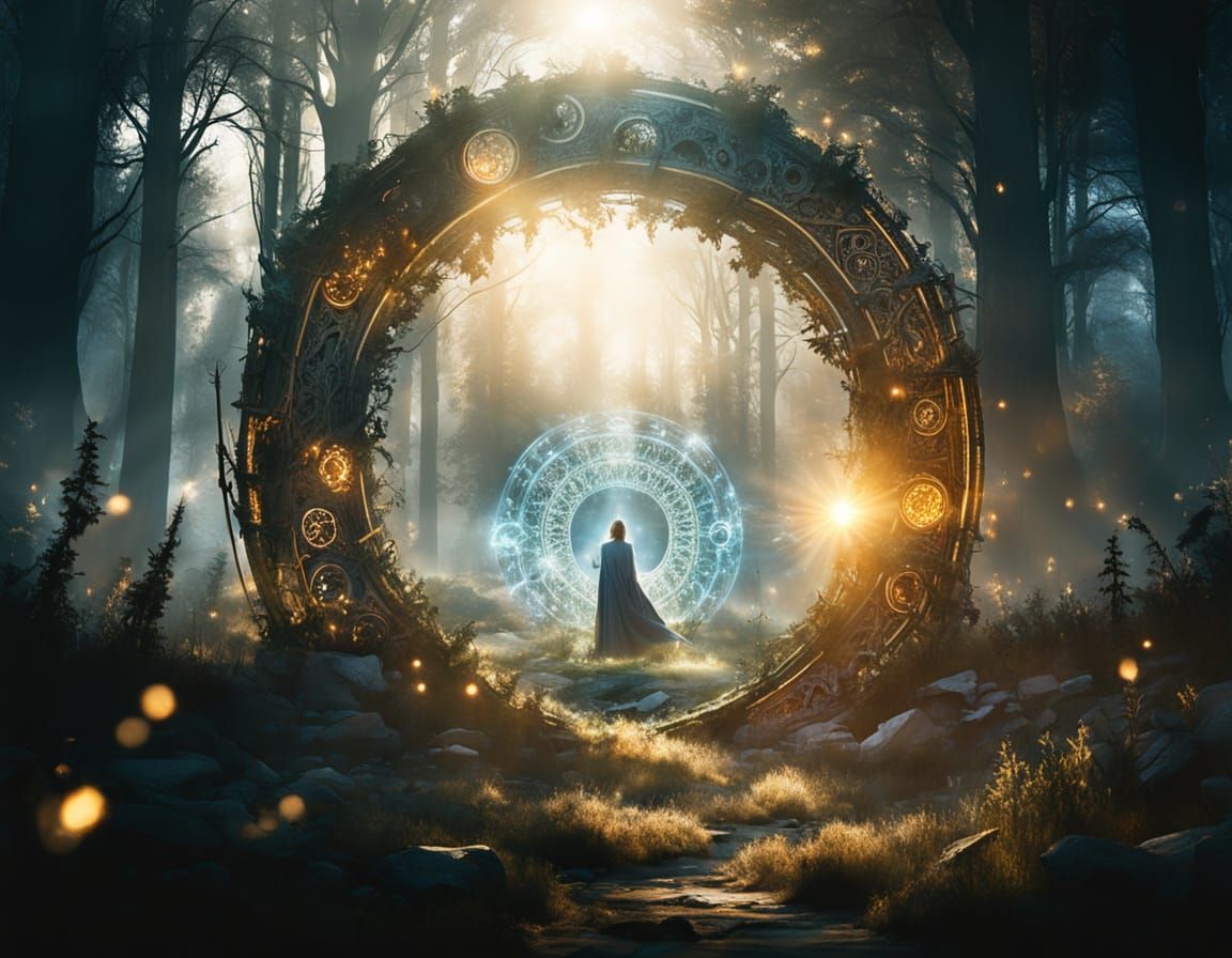 A double exposure of a colossal, crystalline gateway floats in the void between dimensions, pulsing with raw magical energy. Within its dept...