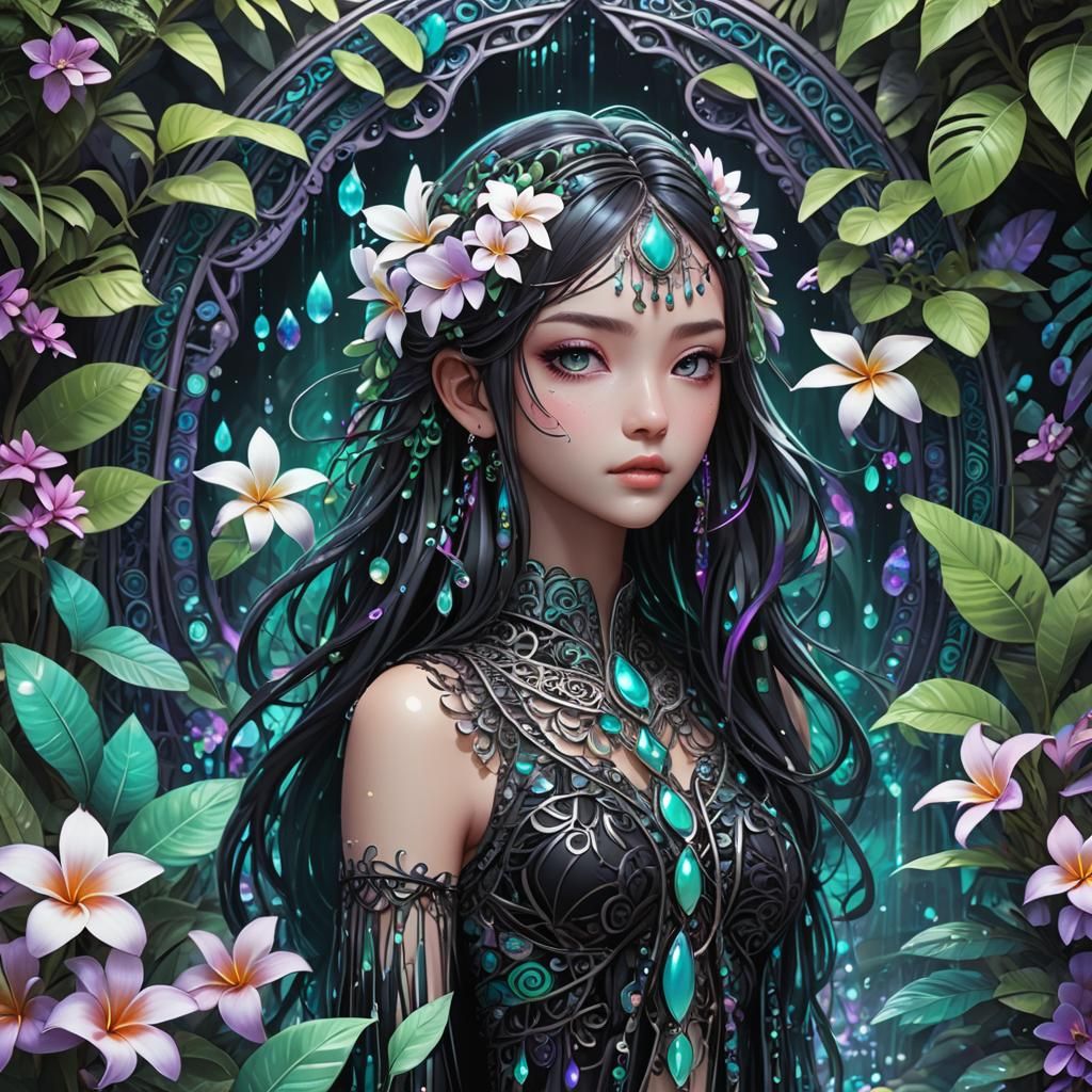Iridescent Filigree black mint purple teal plumeria opalesce...