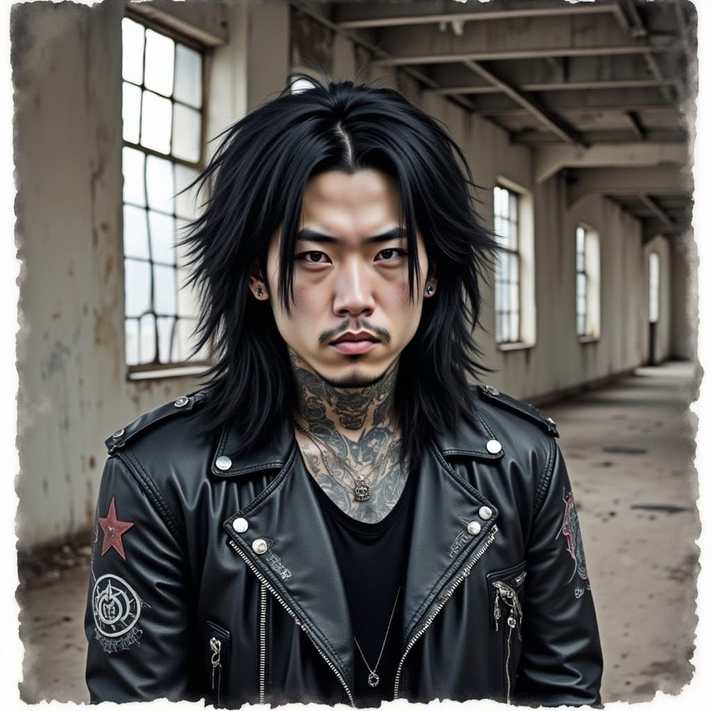 <lora:Scruffy Intensity:1.0> watercolor alcohol ink artistic portrait, young asian man portrait, leather jacket,  metalhead, long  hair, tat...