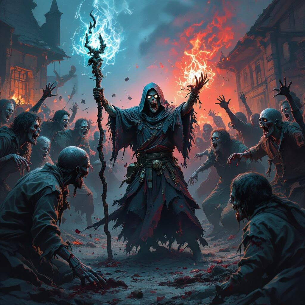 Zombies being controlled by a zombie wizard , the zombies are tearing into people’s flesh while the wizard is casting spells