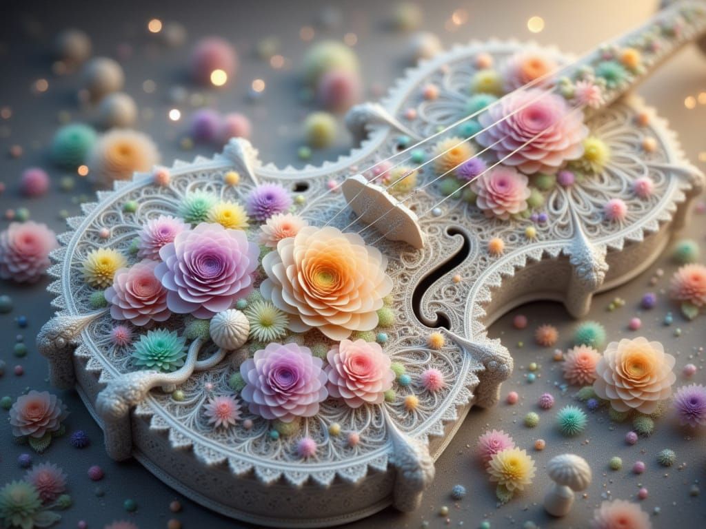<lora:FiosFractalLace:1.0> White floral lace violin