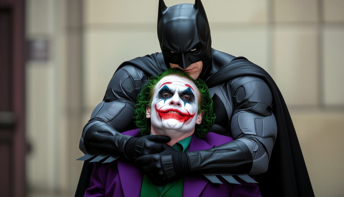 batman is holding the Joker in a head lock, photography 