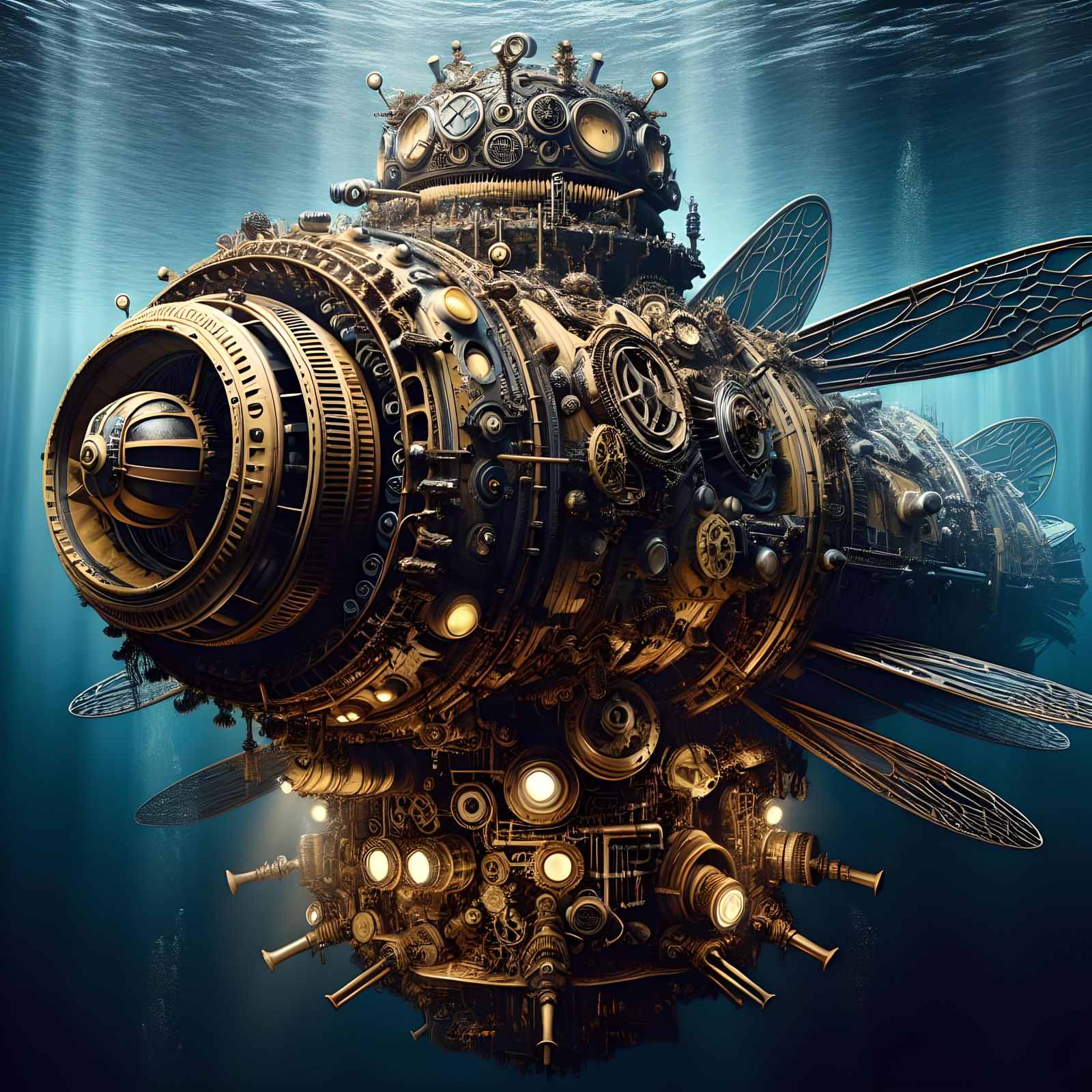 A mechanized submarine shaped like a honey bee
