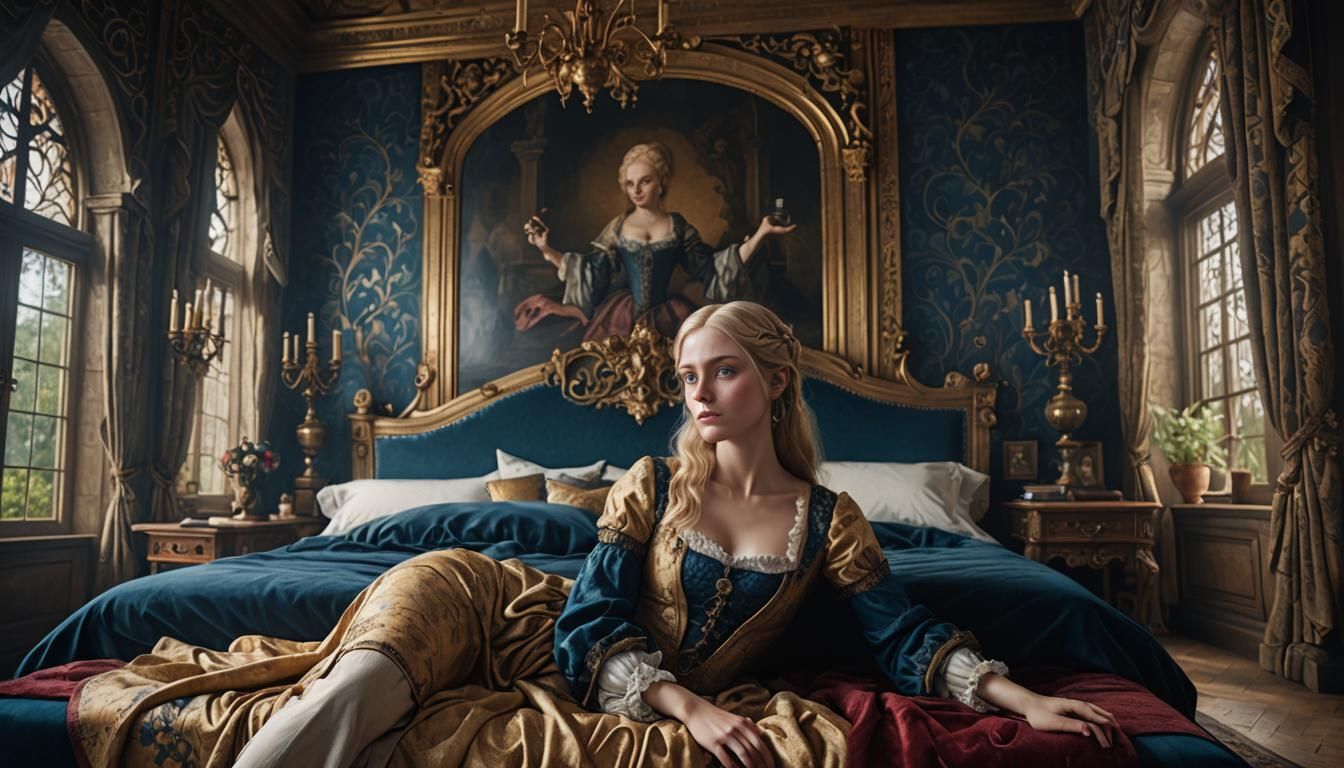 a blue-eyed, blonde girl lies on a rich bed in a mansion, 16...