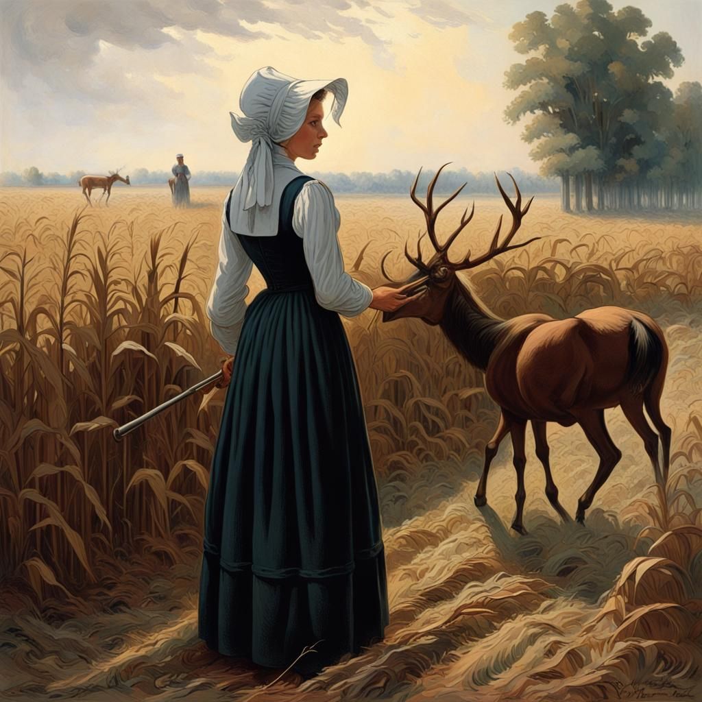 Beautiful young Amish woman wearing a bonnet and long dress. She is  standing in a cornfield and pointing a rifle at a deer. The deer is ea... -  AI Generated Artwork -