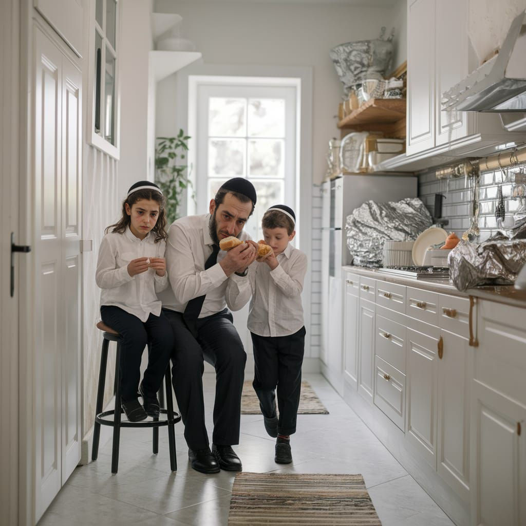 Orthodox Family Rushes to Eat Passover Bread in a Modern Hom...