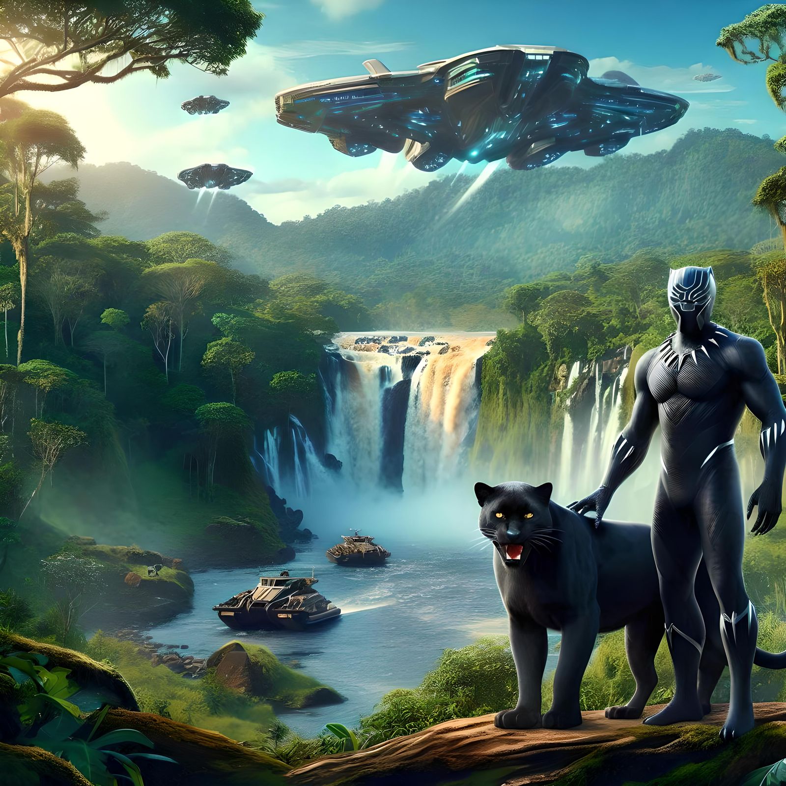 BLACK PANTHER NEAR A   WATERFALL IN WAKANDA W