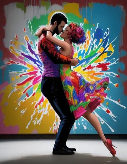 Salsa dancing man dips woman, they're figures are silhouette...