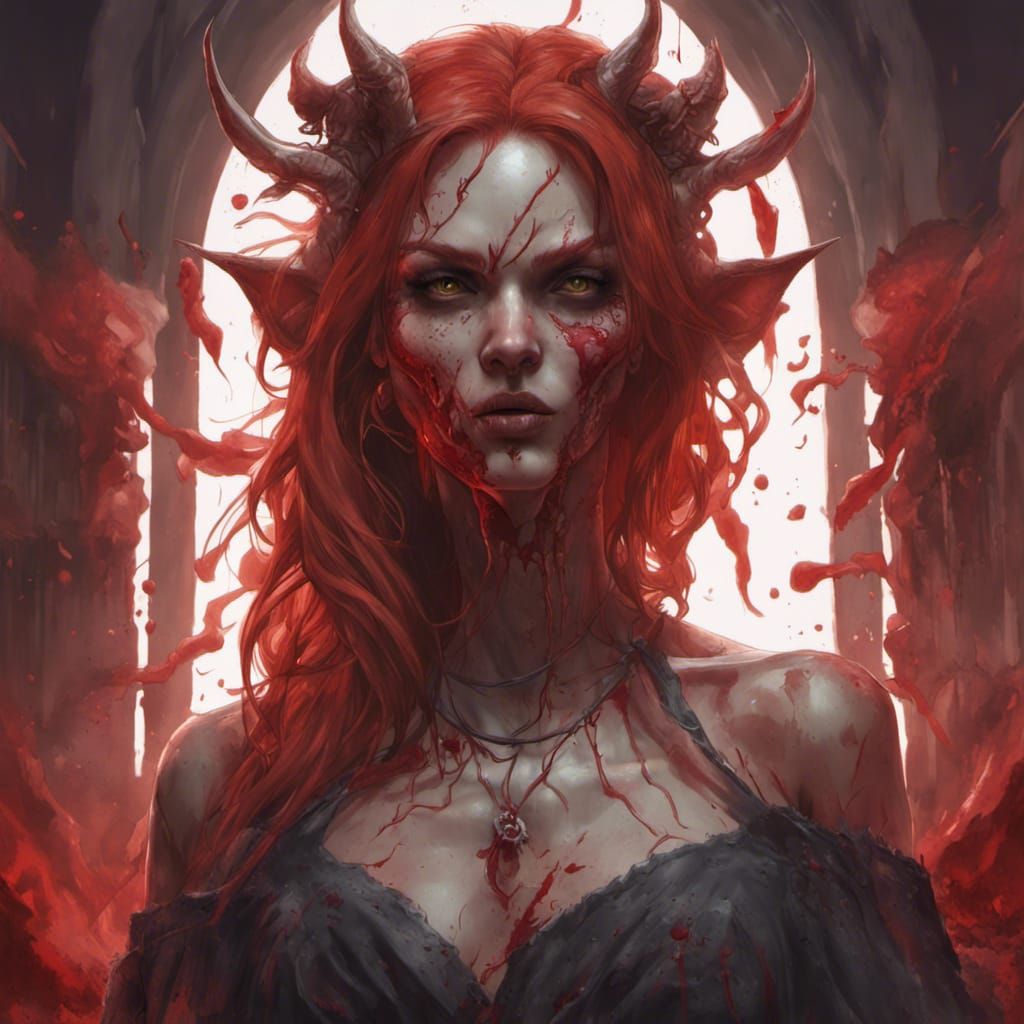 A beautiful red-haired evil female demon covered in blood and feasting ...