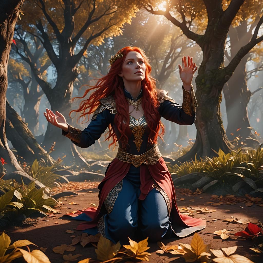 At the edge of a forest, a  long red  haired female , blue e...