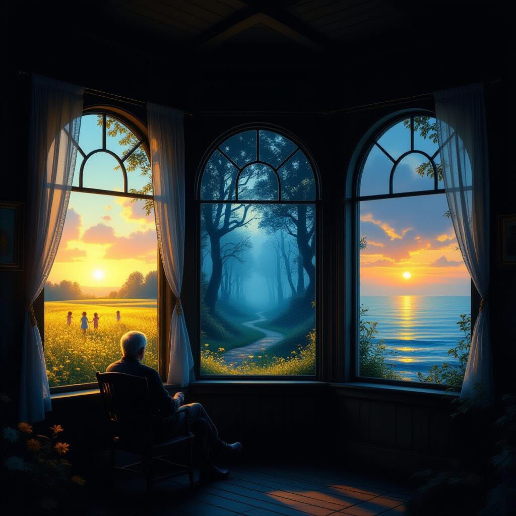 An old, timeless house standing alone in quiet twilight. Inside, a man sits peacefully by one of three windows, surrounded by the soft glow ...