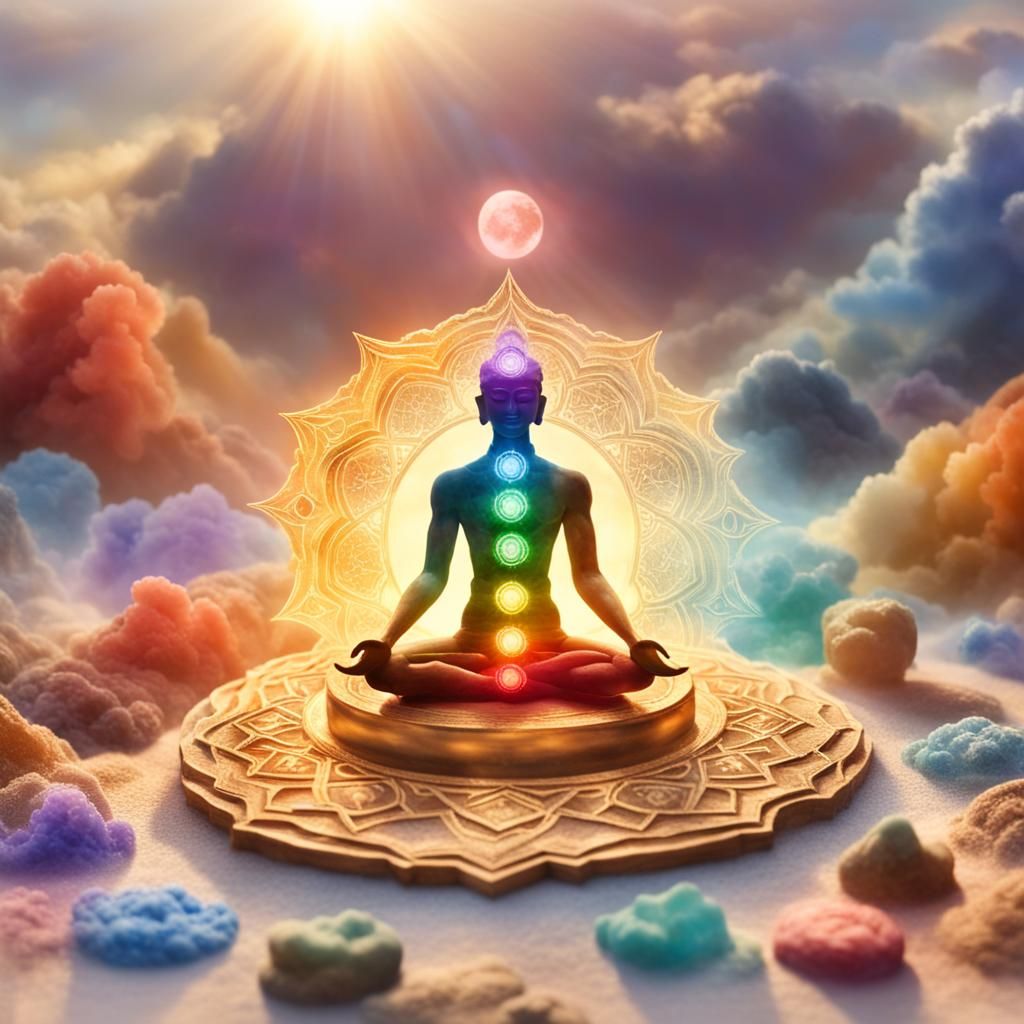 Figurine, coloured chakra system surrounds, heart centred, t...