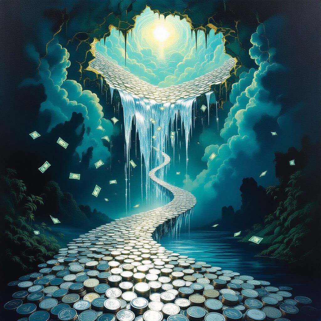 Surreal River of Silver Coins in Cracked Sky