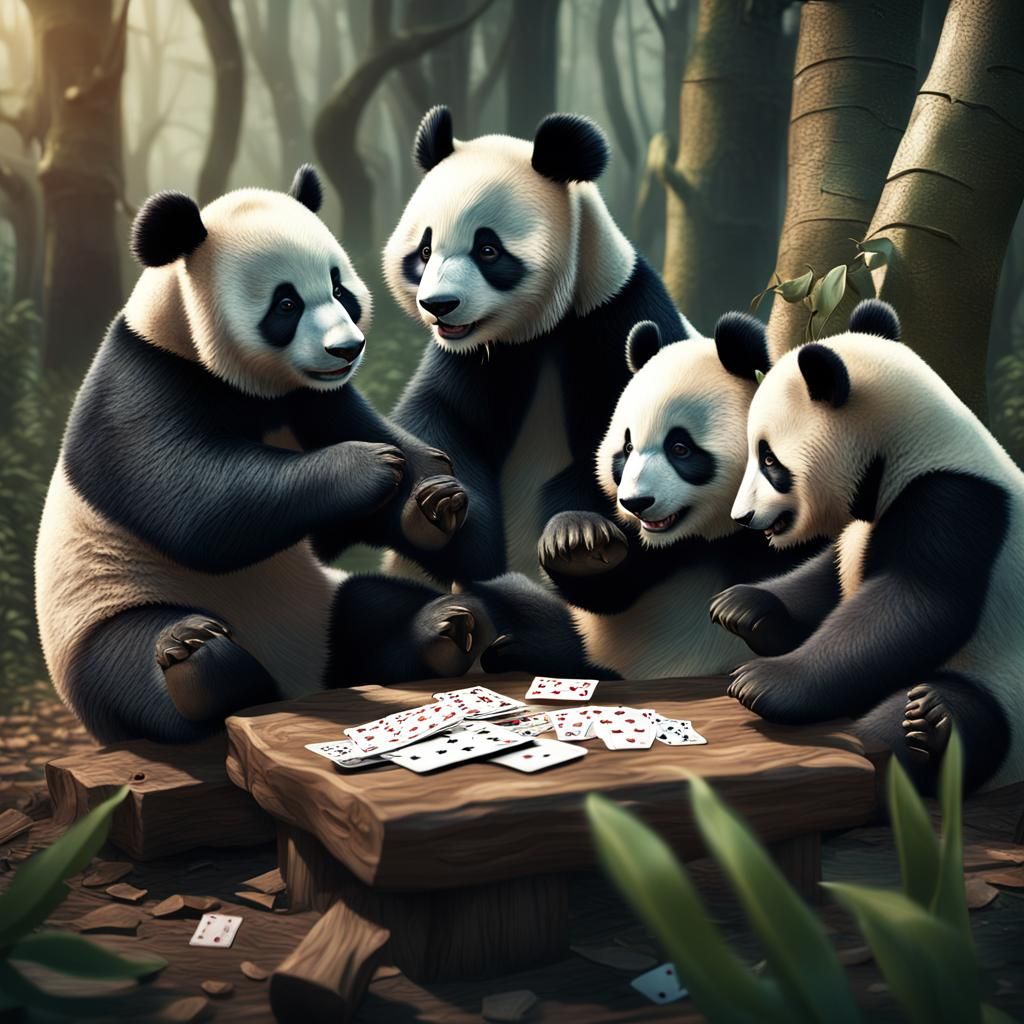 Happy pandas playing cards