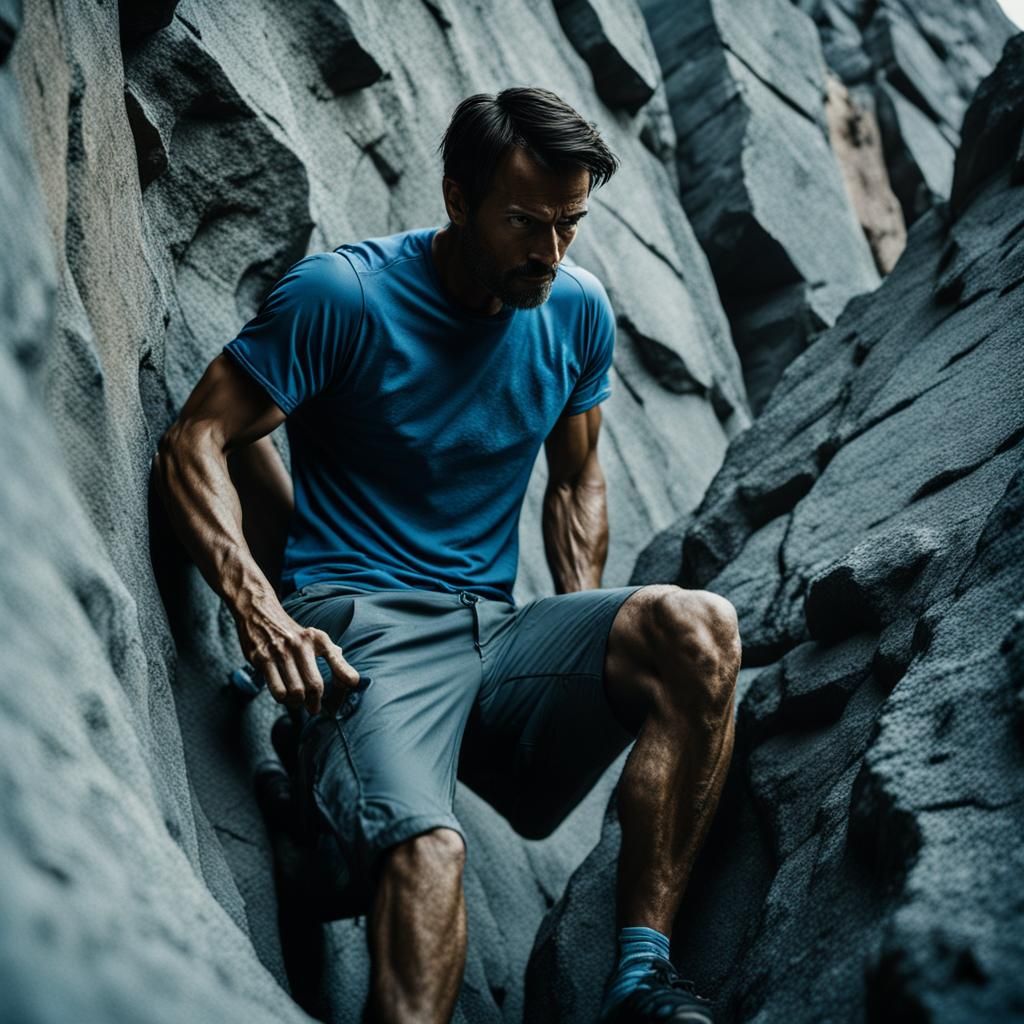 A young man wearing gray shorts and a blue t-shirt, climbing...
