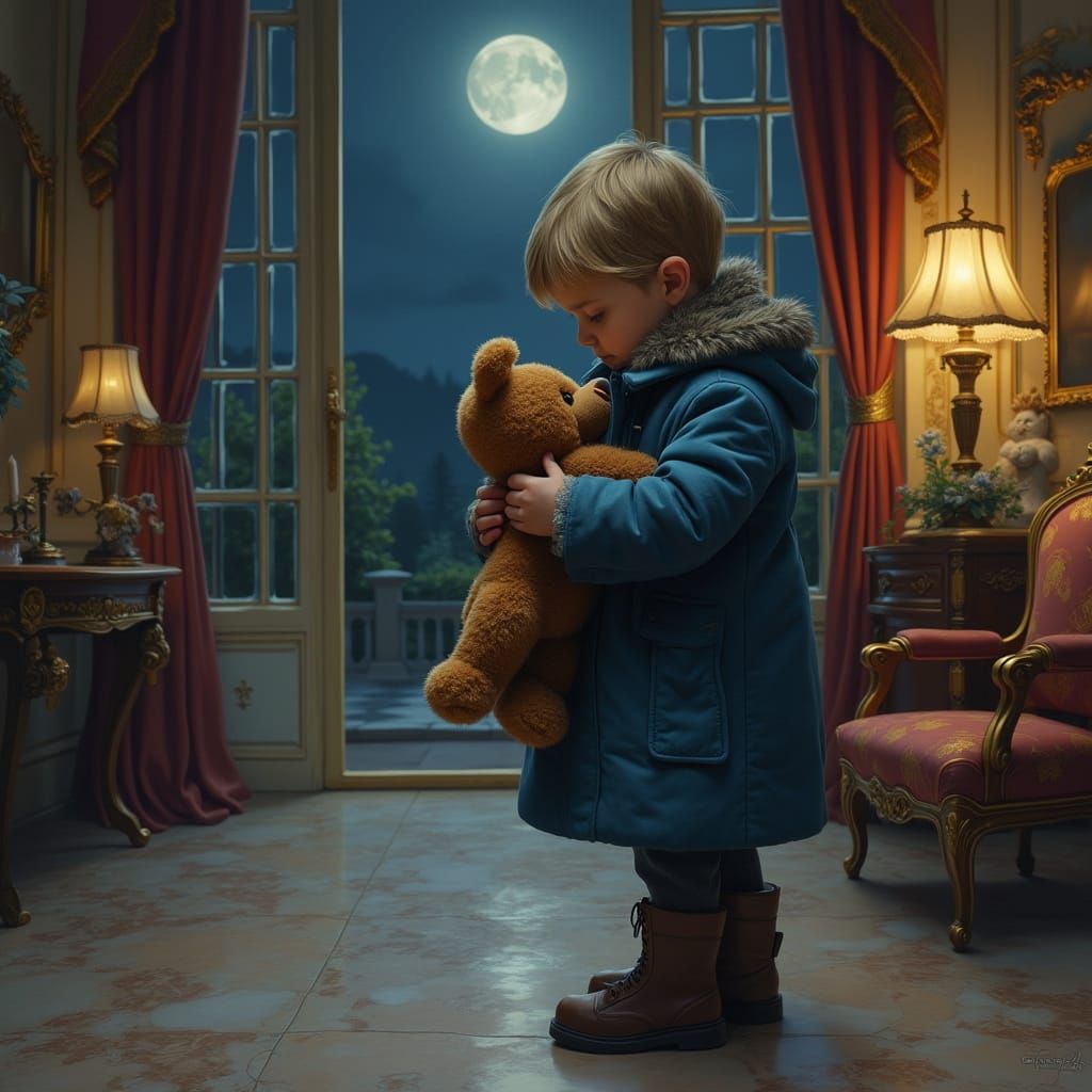 Child Hugs Teddy Bear in Opulent Villa