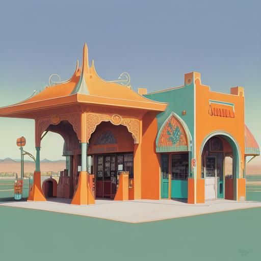 Psychedelic fantasy castle Gas station in the desert orange and teal