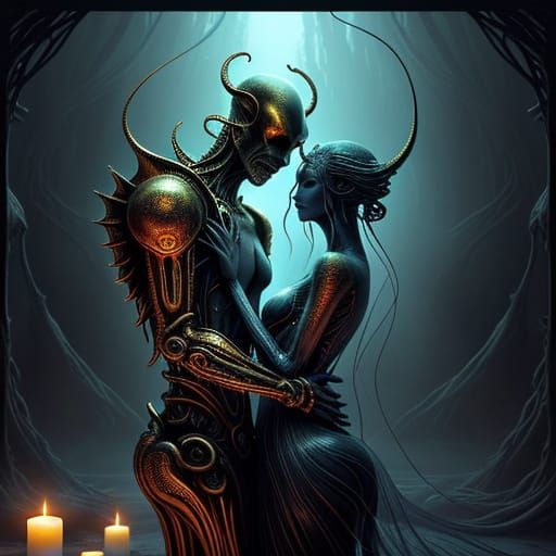 Surrealistic Digital Art: Alien Couple in a Mystical Chamber