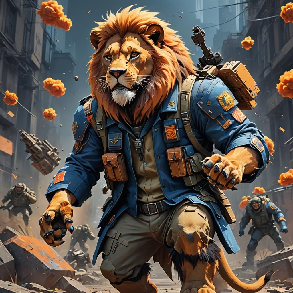 Anime Lion with Grenades, Matte Painting in Vibrant Colors