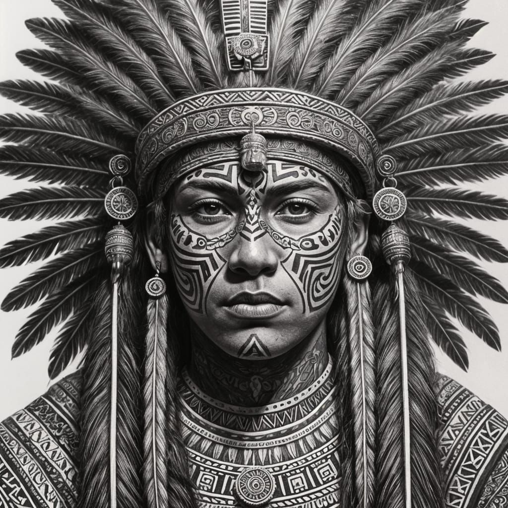  Aztec Indian in full headdress with intricate patterns and designs