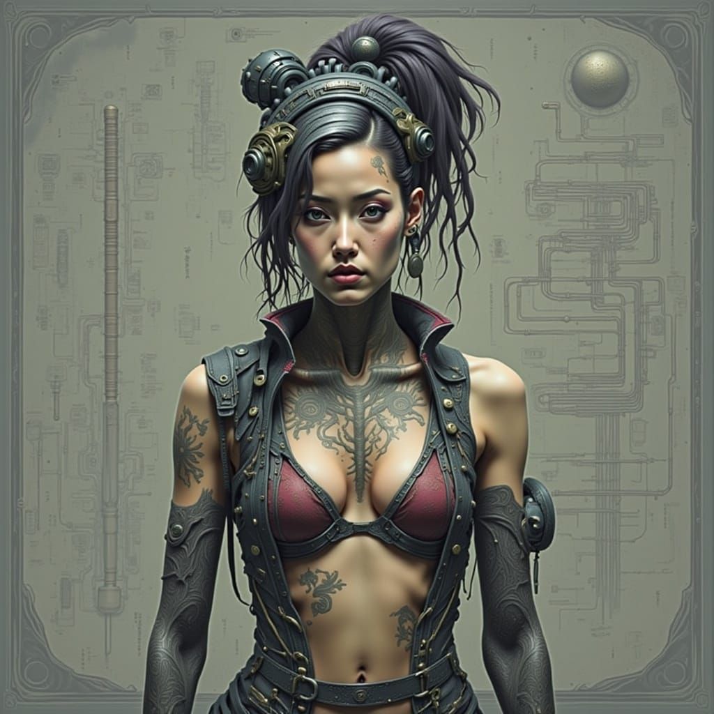 <lora:UnBroken 2p0:1.0> front profile of (lasciviously glancing) young cyberpunk woman wearing (an anatomy chart pattern sari); glowing LED...