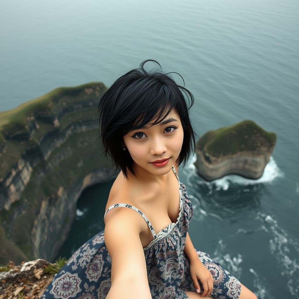 Thai Woman on Cliffs Overlooking Wavy Sea