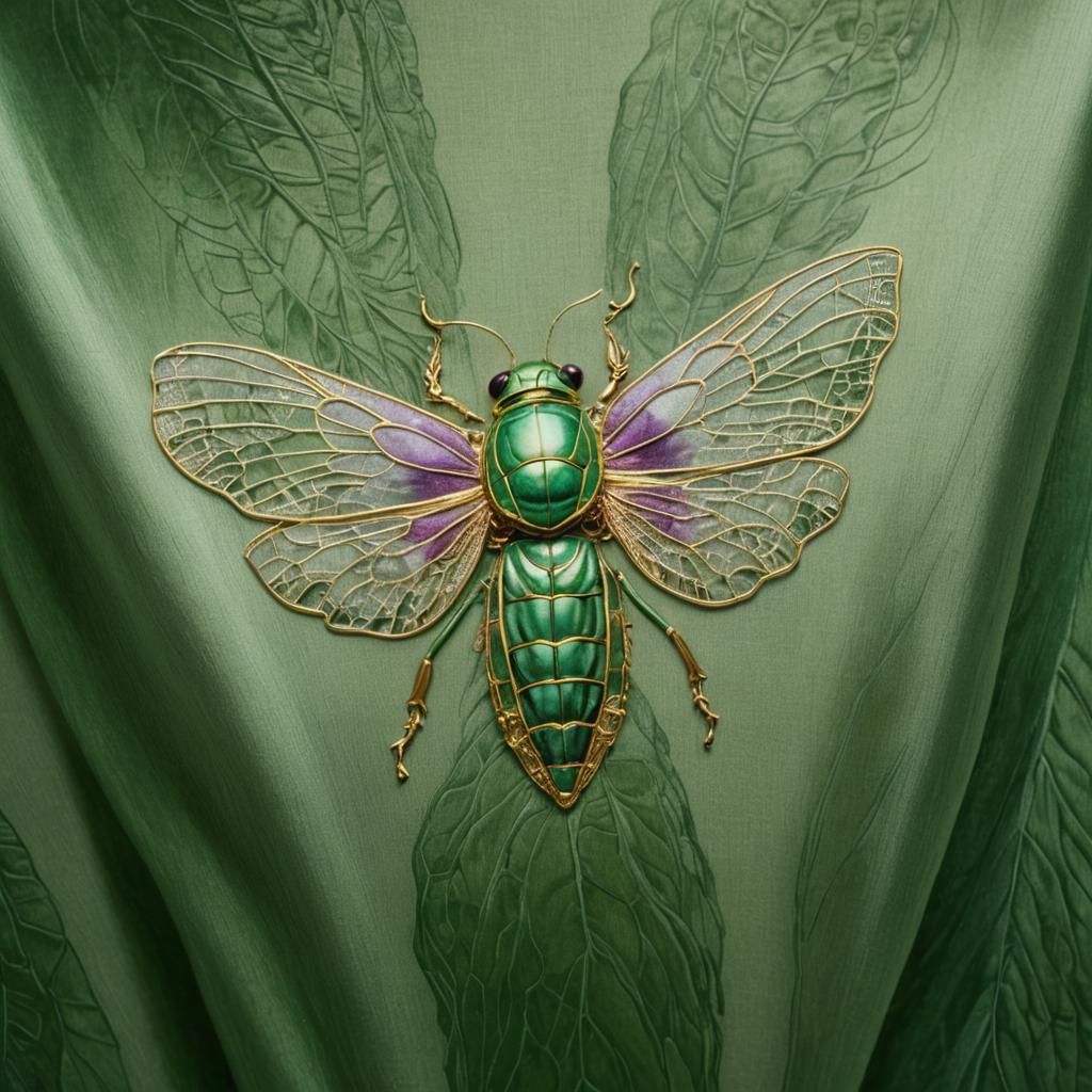 elegant jewelry piece in the form of a green cicada. 
