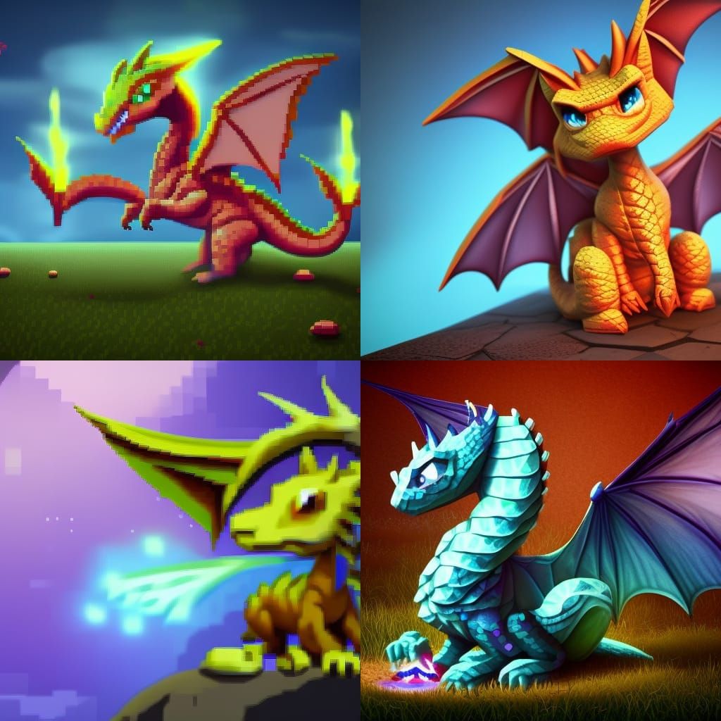 Pixel art dragon, adorable, big eyes, magical and dreamy, bl...