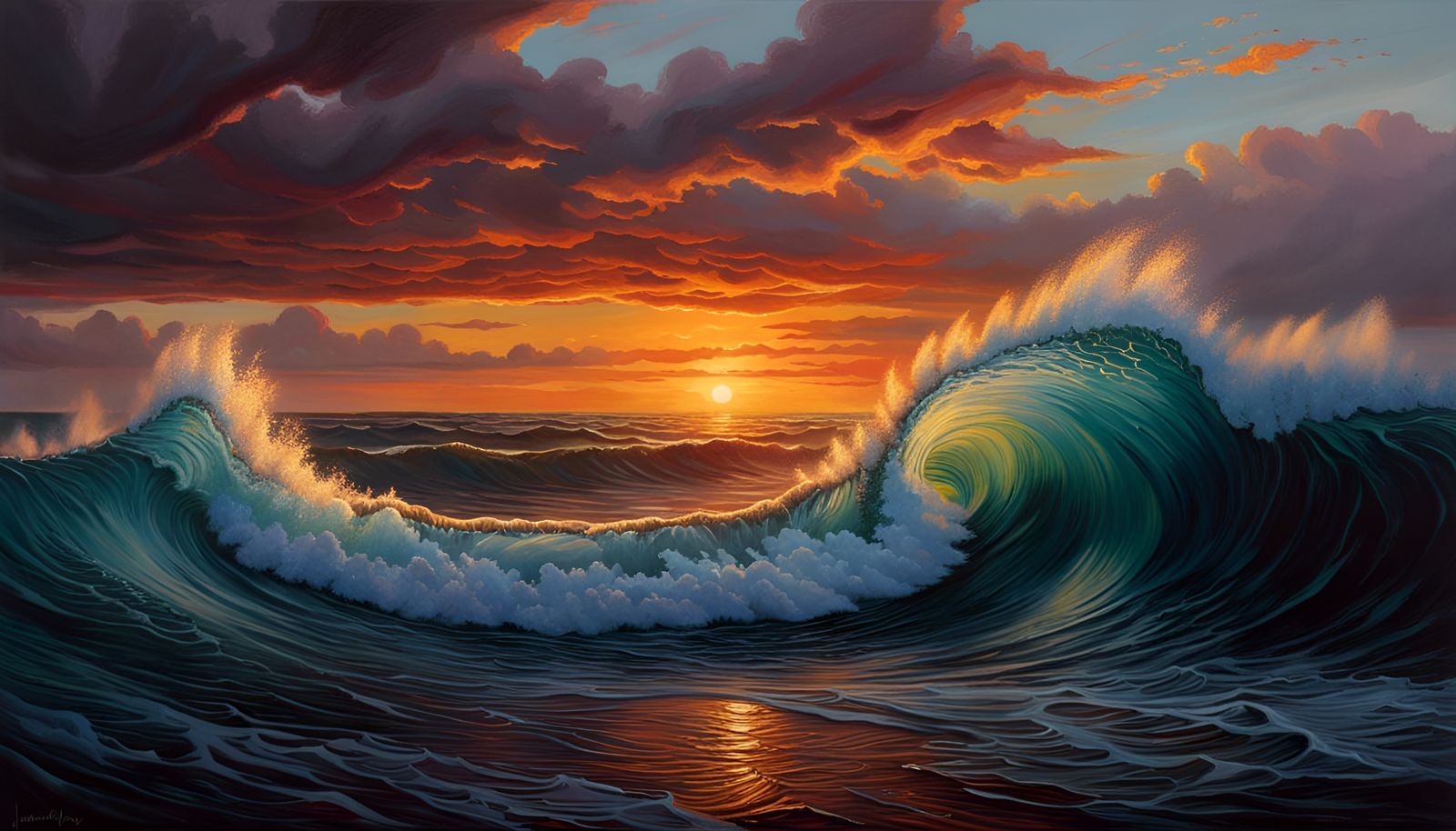 Oil Painting Visual representation of oceanic sunset waves; oil ...