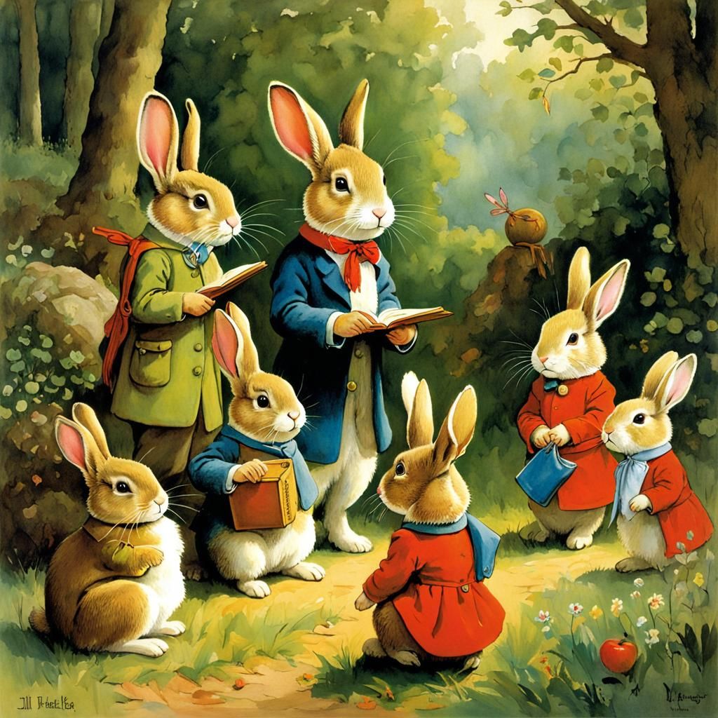 Rabbit school, the cute rabbit children listen eagerly to th...