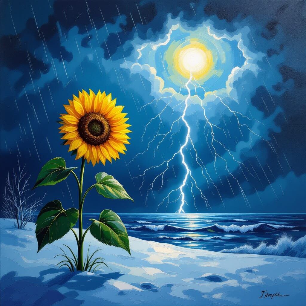 Resilient Sunflower in Winter Storm Lightning