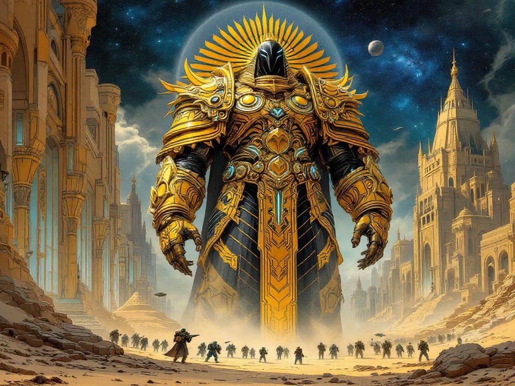 "A colossal, divine being in ornate golden and black armor blending Egyptian and Mozarabic aesthetics, towering over normal-sized Space Mari...