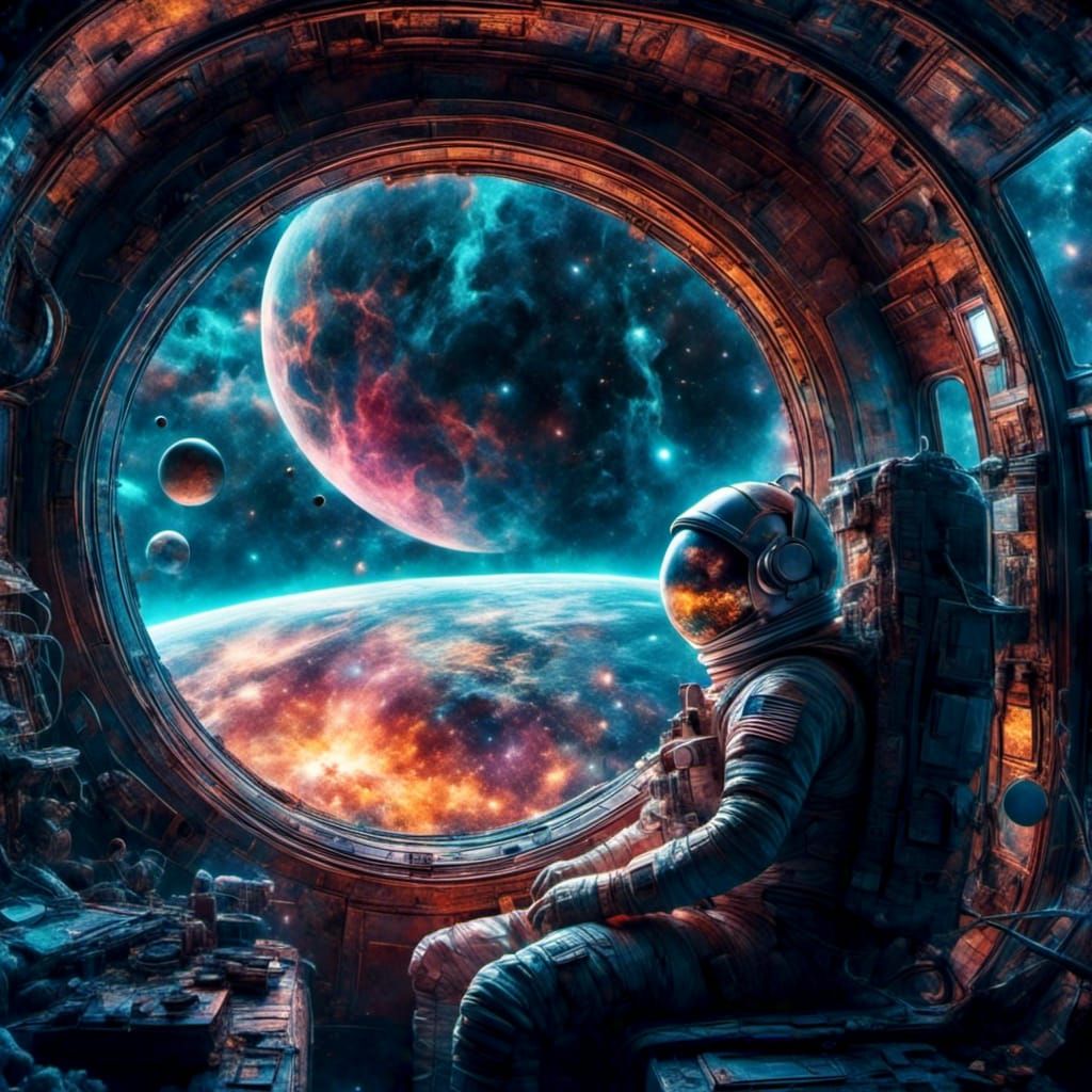 an astronaut,  looking at his space ship ,that is spelled "Brady" on it,  galaxy/starry night background, ...  by @  debster