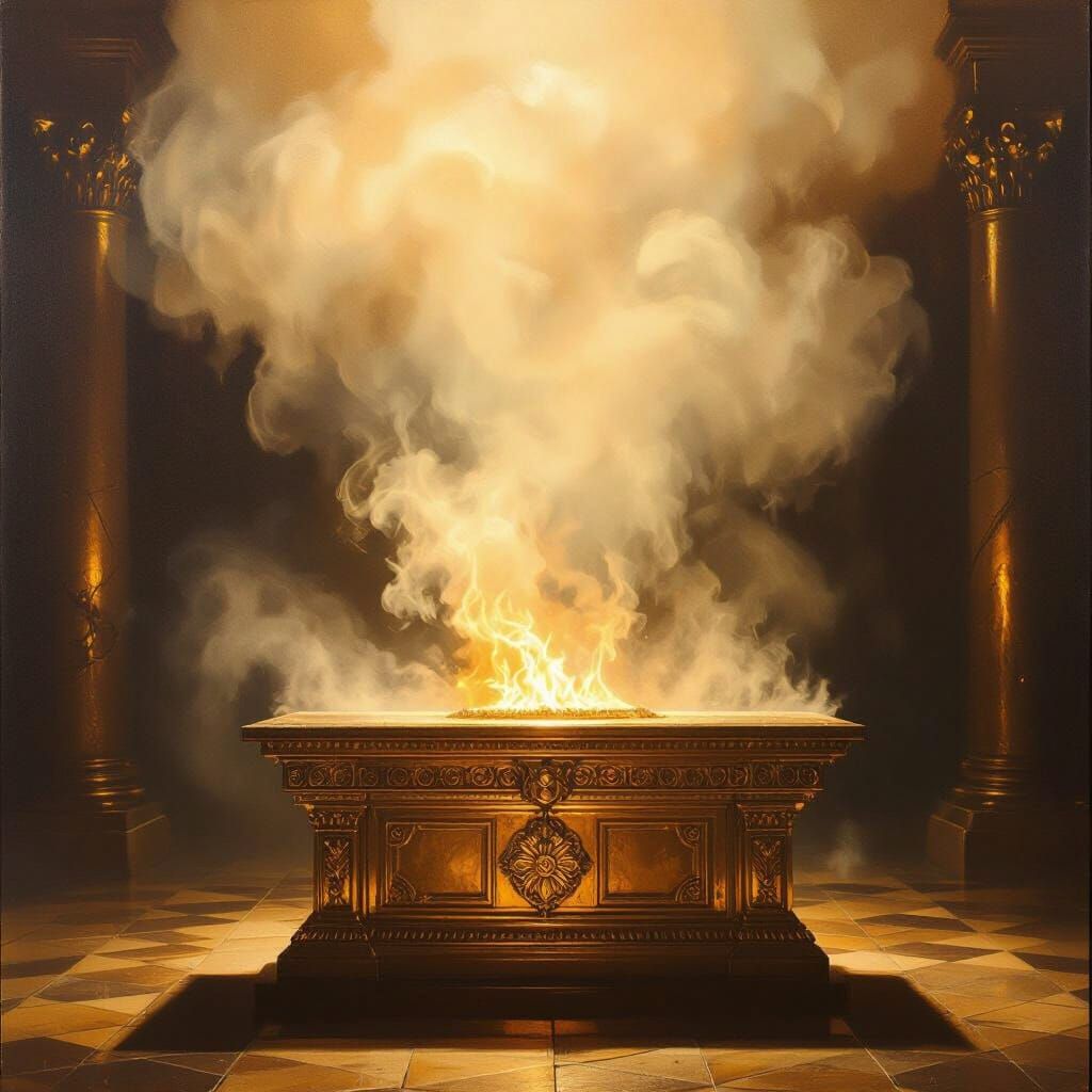 Golden Altar in Holy Temple with Burning Incense