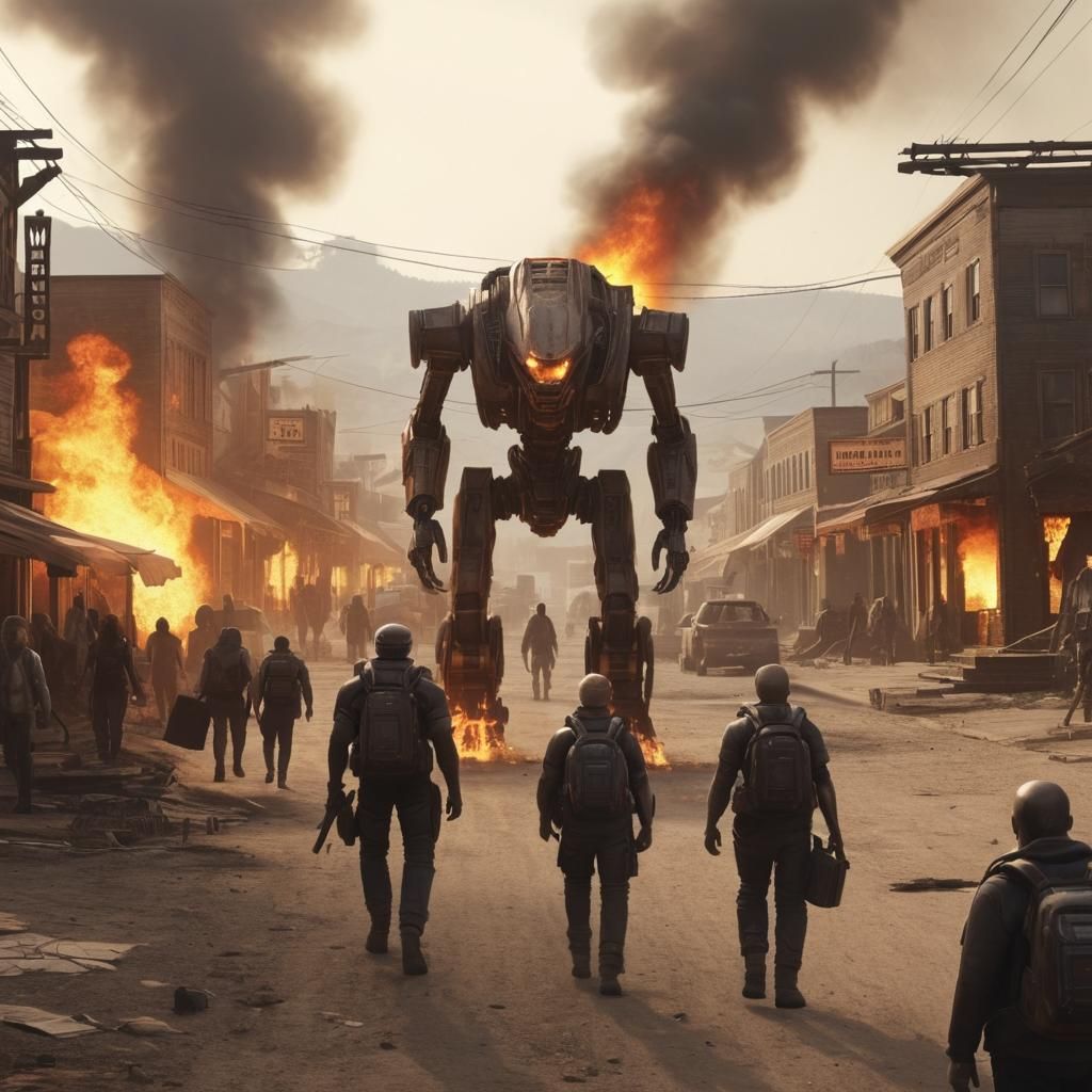 the survivors leave the burning Alien town mech warrior behind themtown