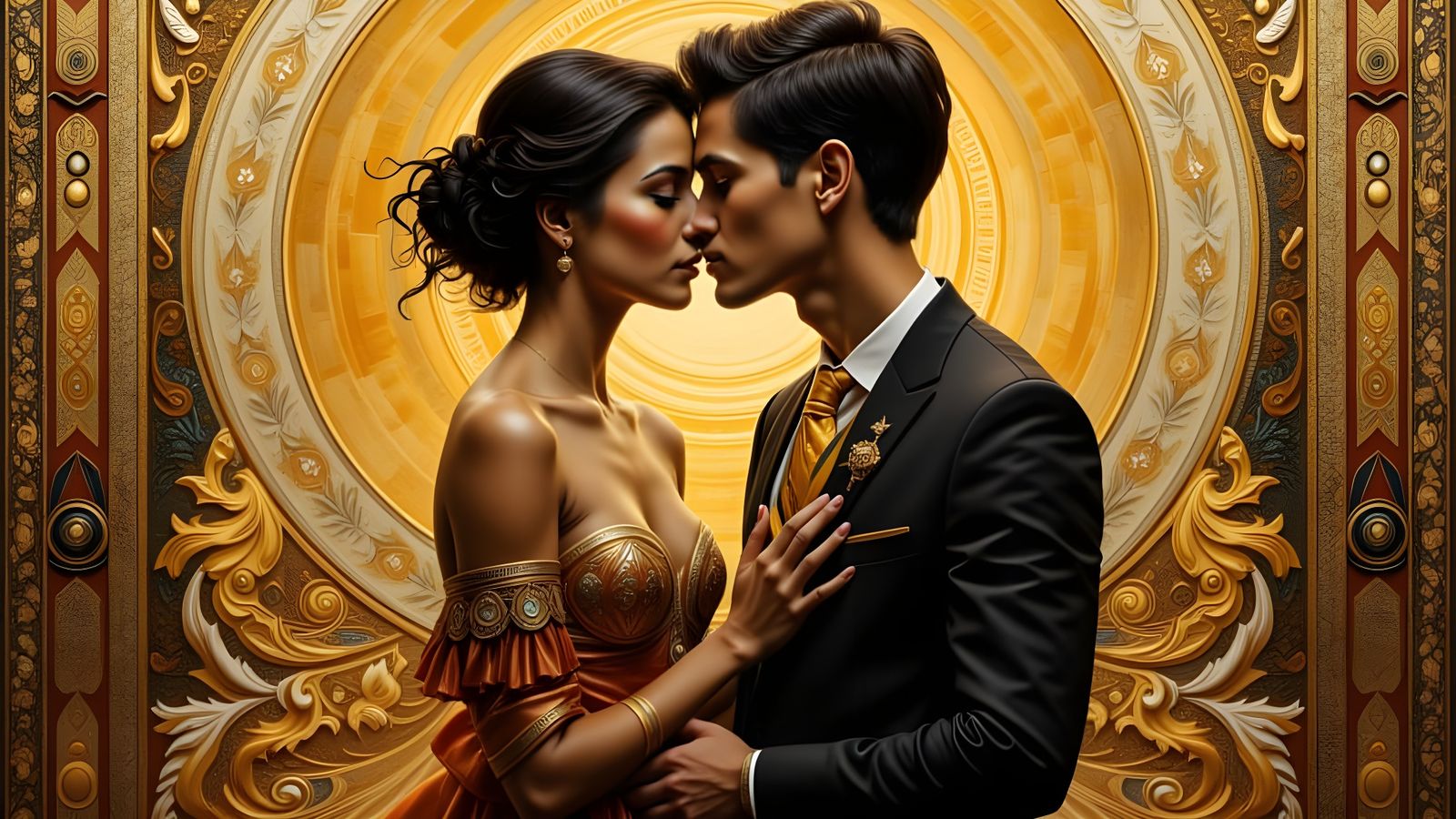 Sensual Kissing Couple in Gallery with Dadaist Overlays