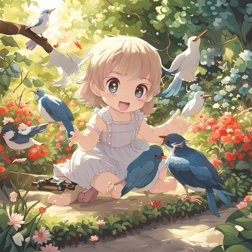 Baby plays in a picturesque garden with wonderful birds