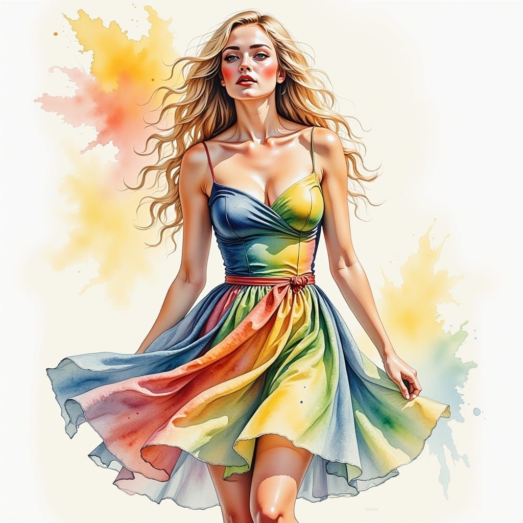  <lora:Pretty Portraits:1.0>  watercolour  young blonde woman expressive flirty look wearing a rainbow dress