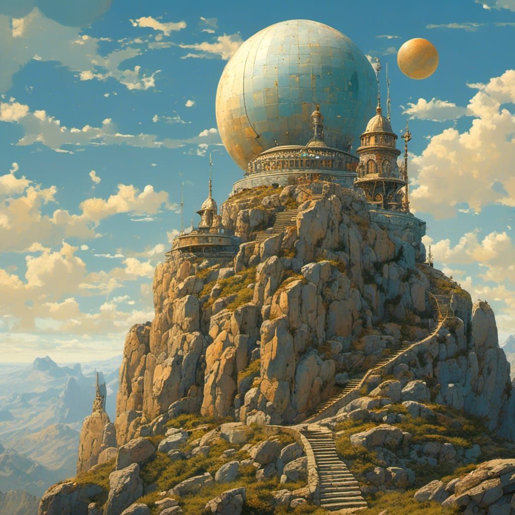 <lora:MJ6 Surreal Builds:1.0> Celestial Observatory: An observatory perched atop a towering mountain peak, with telescopes and astronomical...