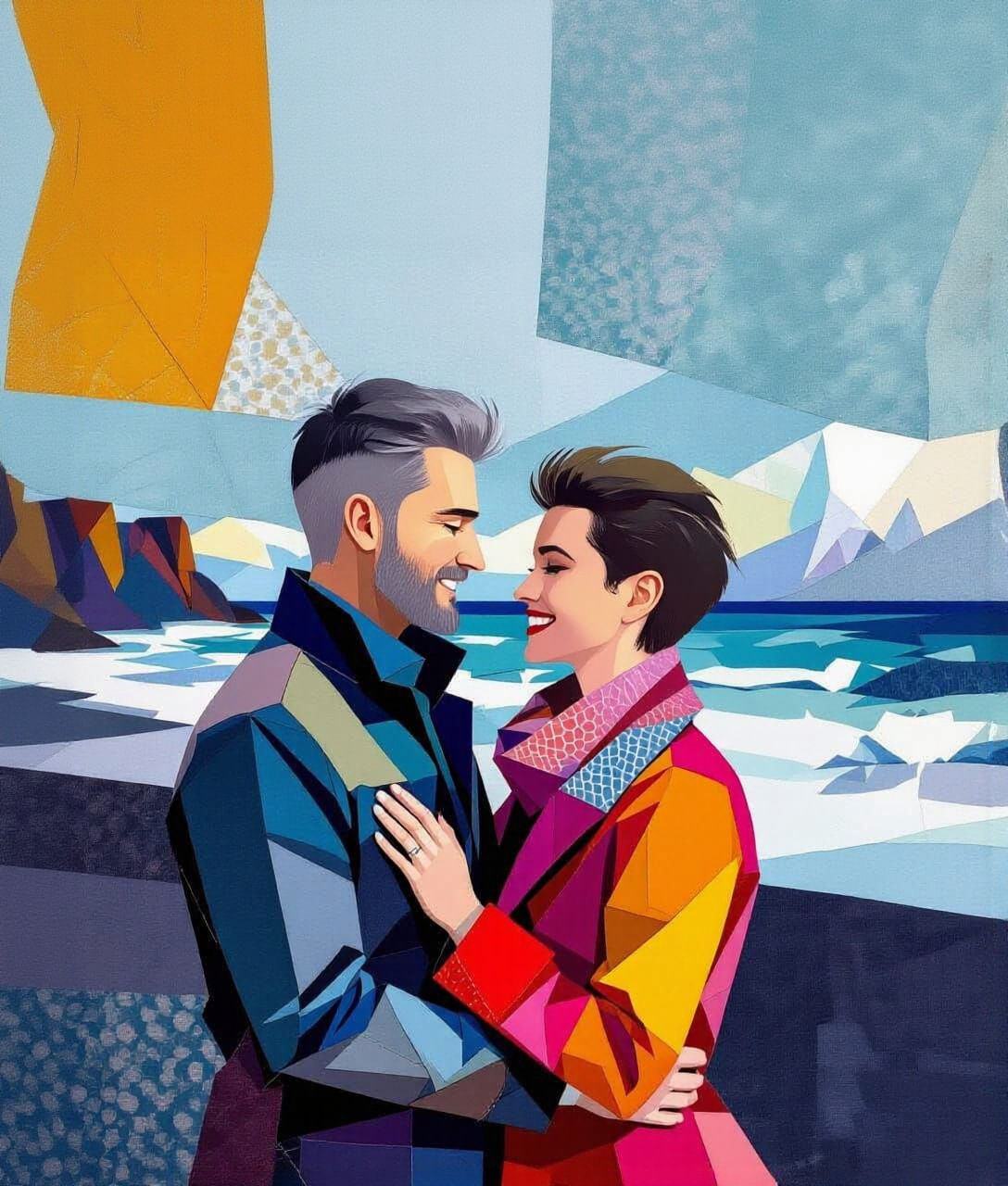 A vibrant fabric collage depicting a couple on diamond beach in Iceland. Fabric scraps are geometric shapes interlocked with intricate stitc...