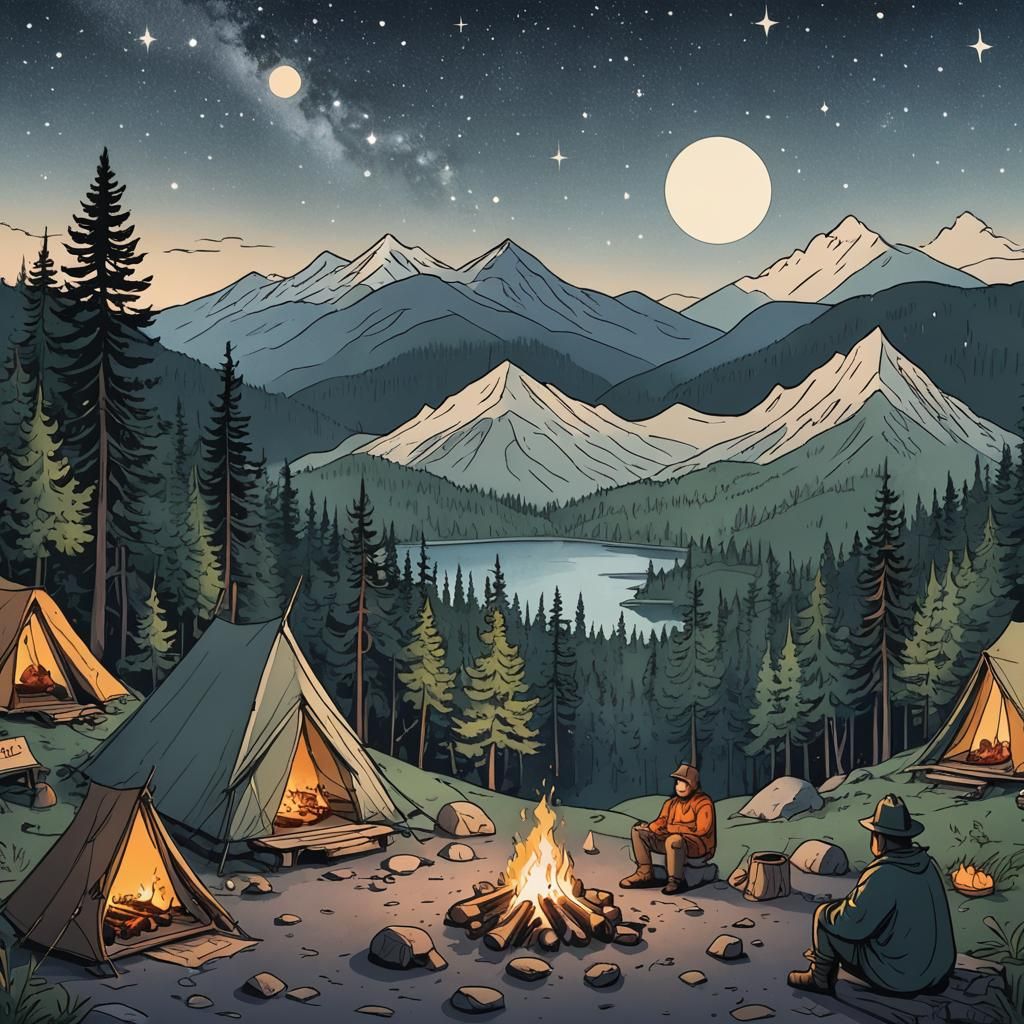 Calming illustrations featuring cozy campsites with tents