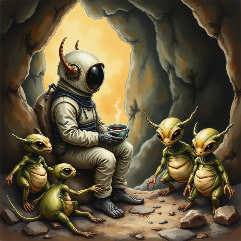 <lora:Caffeine Critters:1.0> Astronaut with a cup of tea surrounded by large curious bug aliens in a cave